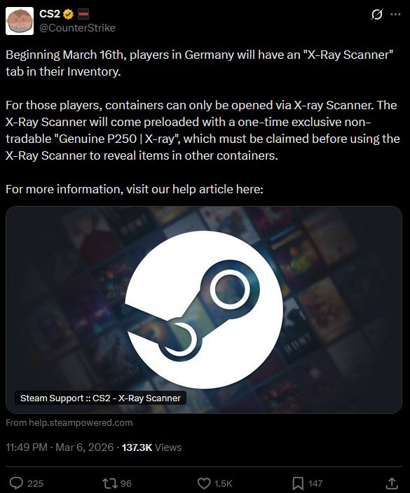 CS2 to introduce X Ray Scanner for Germany case opening 2026 X Ray Scanner now needed for Germany Counter Strike 2 X Ray Scanner guide