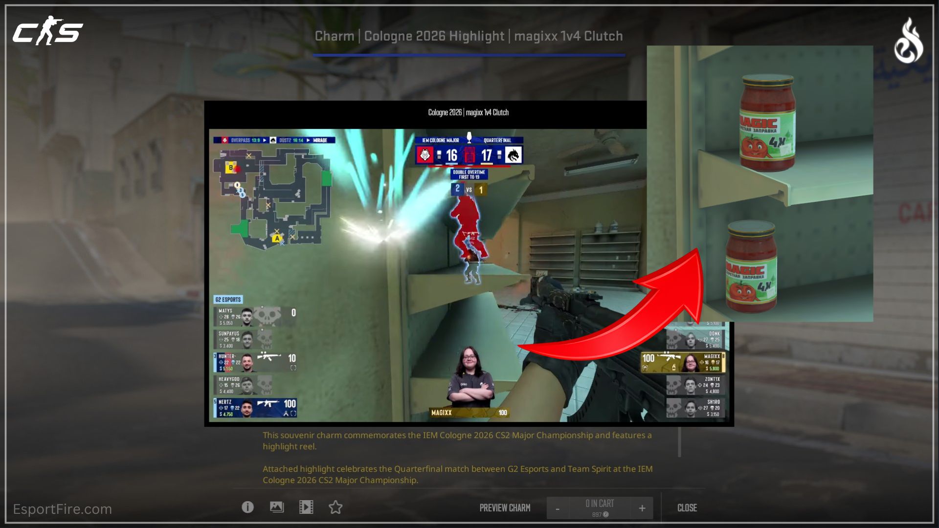 Magixx spraydown mirage 1v4 against G2 Highlight Charm Easter Egg added to Mirage proplay easter egg CS2